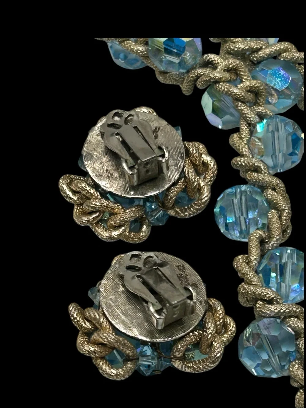 Vintage Blue AB Glass Bead Woven Chain Necklace Earring Set